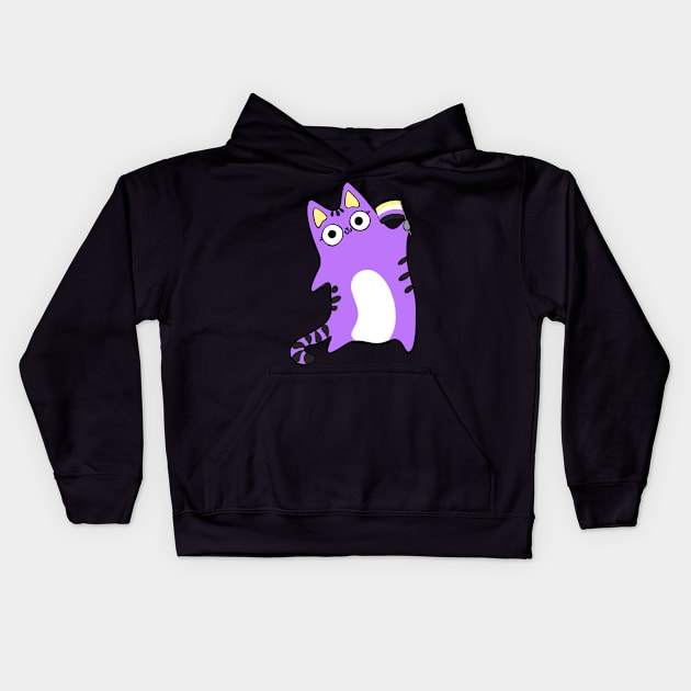 Nonbinary Pride Flag Waving Purple Cat Queer LGBTQIA non binary Kids Hoodie by BluVelvet